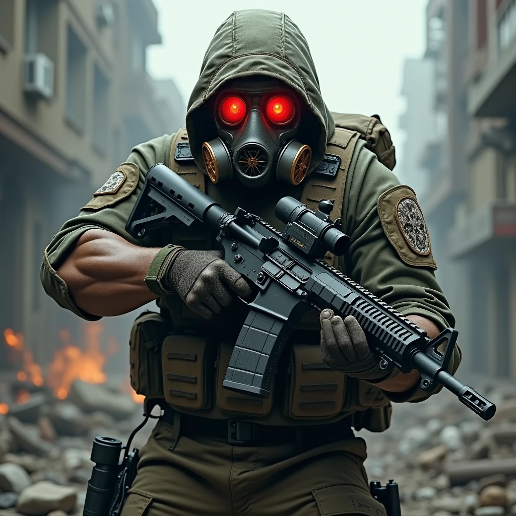 Soldie, angry, mask with red glasses, aiming automatic gun, m4