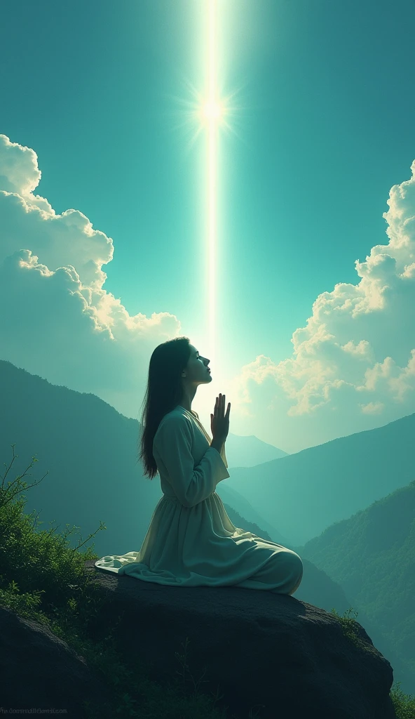 a one woman, kneeling and praying to God, with fingers intertwined, atop a green mountain with a blue sky, above her a ray of sunlight that passes through the clouds, a shadowy aspect around her as if she were hope amidst darkness
