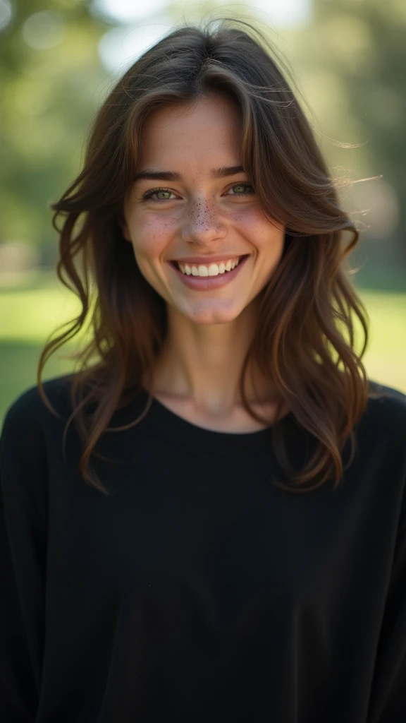 work of art, photorrealistic:1.4, extremely complex:1.3, radiosity, photon mapping, dtx, 8k), ((((smiling and happy, , closeup, black sweatshirt, humid, [medium breasts:breasts big:0.8])), humid, [skin-detail:freckles:0.7], naturals, female supermodel, age 26), beautiful garden, ((trees and light)))
