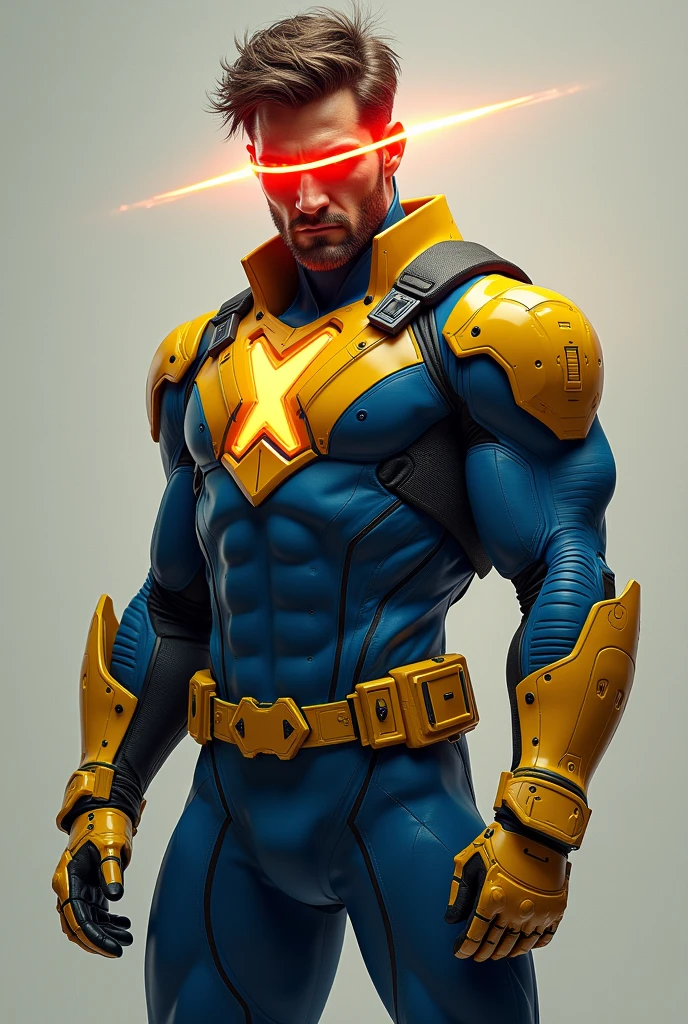 Cyclops, man, short brown hair, blue tactical combat bodysuit with yellow accents, high-tech red visor glowing with energy, superhero half mask, x logo, yellow ultility belt, gloves and boots, right hand touching his visor, left arm by his side.