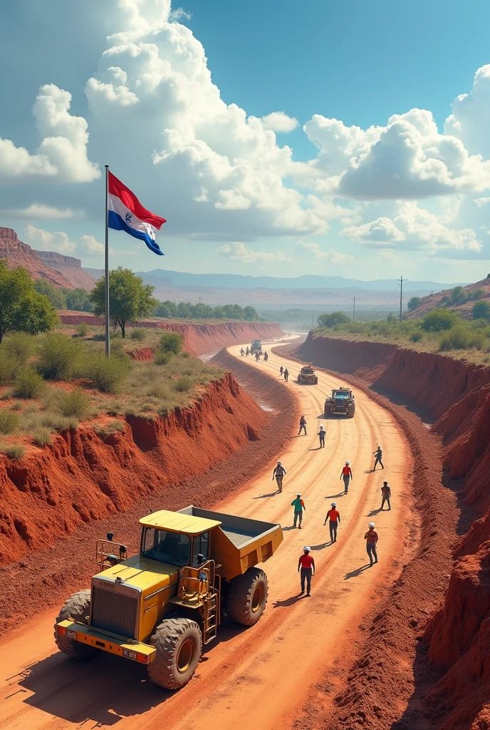 A road under construction with the Chaco landscape covered by workers and machines, a Paraguayan flag with red stripes, white and blue