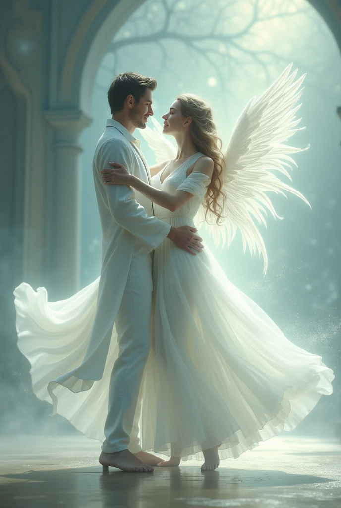 Homme en cistume qui danse avec un ange transparent