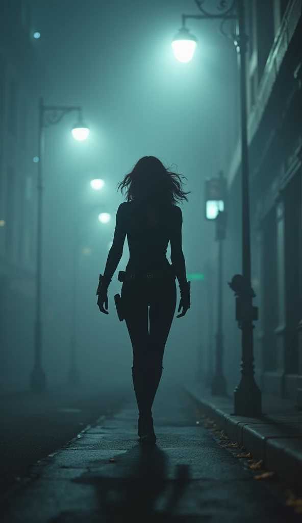 (Mysterious fog:1.5), (Thick Fog:1.2), Marvel's Black Widow in a dark street, night, fog, mysterious mist, artificially very smoky street, lights from lamps piercing through the smoke, shading effects, gradation effects ,full body shot, dynamic action shot 