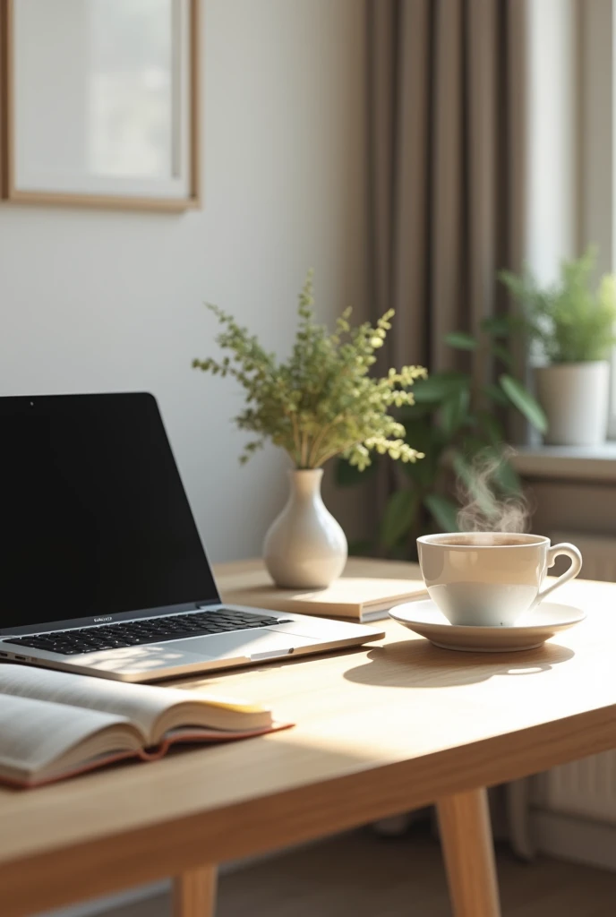A stylish desk with a laptop, coffee and a self-help book conveying the idea of work and self-education 