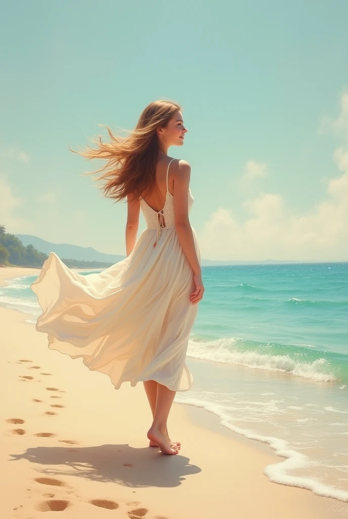 A stunning pastel painting of a serene beach scene, with a beautiful young woman in a flowing sundress walking along the shore. Her long hair blows gently in the wind, and her feet leave delicate imprints in the soft sand. The woman's face is turned towards the horizon, her expression one of tranquility and contentment