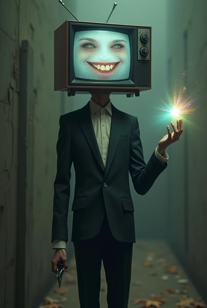 Thin man in an elegant suit with a television head, and on the screen a smile and eyes shaped like static, with a magical prism in their hand