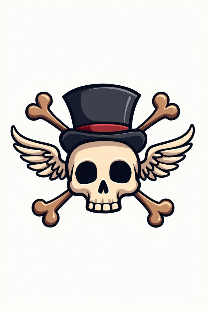 White pirate flag with two bones and a skull with wings like an angel in cartoon drawing
And a black top hat covering the face
White background