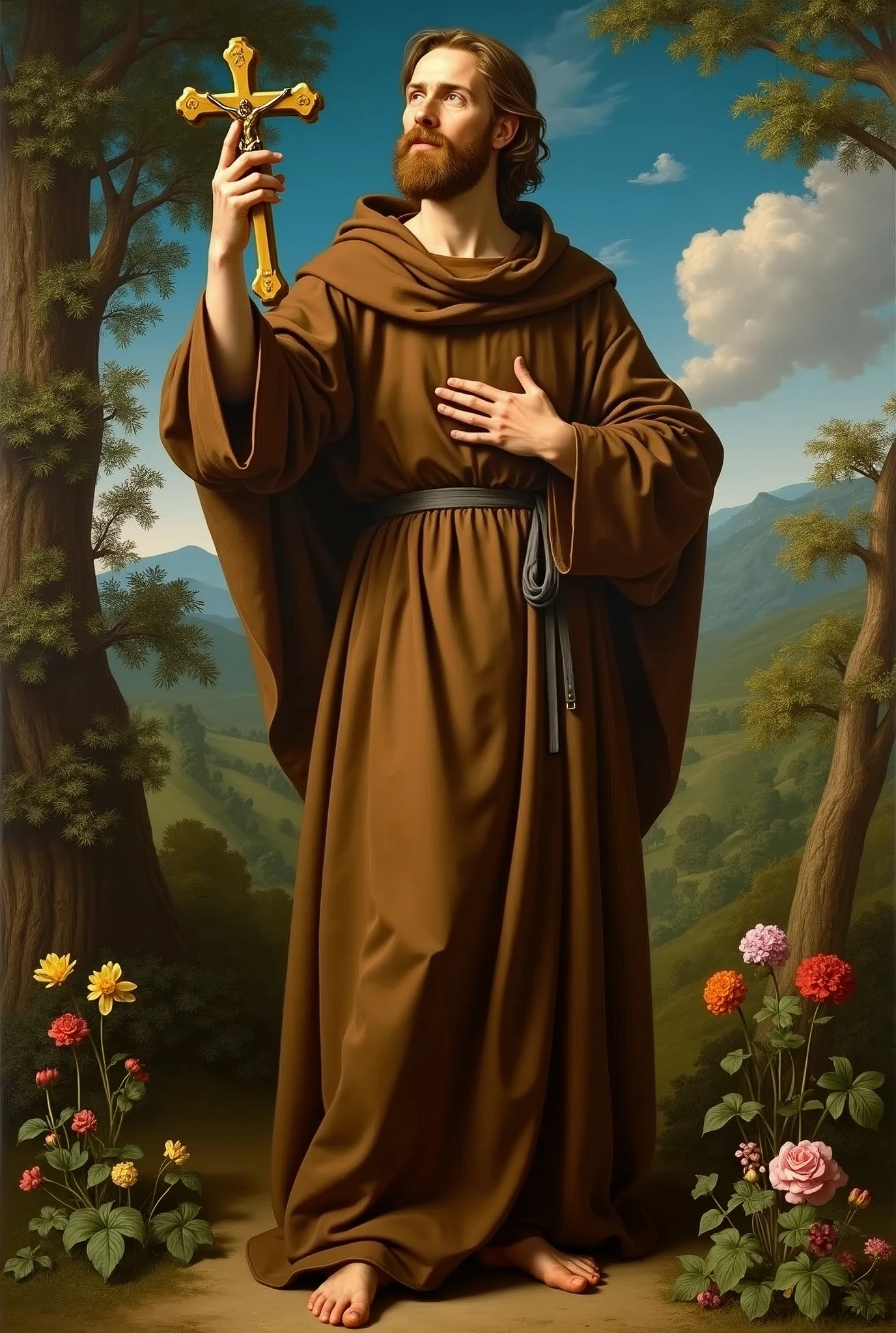 In the image of Saint Francis of Assisi, he is depicted with his right arm extended upwards, holding a crucifix firmly in his hand. This gesture emphasizes his deep devotion to Christ. His left arm and hand are pointed towards his own right chest, a gesture that might symbolize a personal, intimate connection to the divine or the presence of the sacred within himself. Saint Francis is likely dressed in his traditional simple Franciscan habit, underscoring his commitment to humility and poverty. The background may feature natural elements or religious symbols that reflect his deep bond with nature and his spiritual mission.