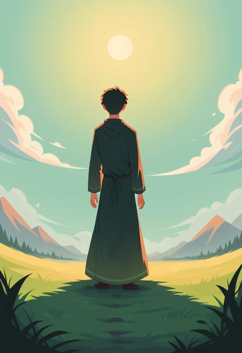 A peaceful scene in a natural environment, like a green field at dawn, with a person meditating or walking calmly. The atmosphere is one of mental clarity, Purity and balance, symbolizing a mind free from distractions and vices. The soft light of the rising sun illuminates the scenery, representing a new beginning and the liberation from old habits, Bringing peace and focus to life.