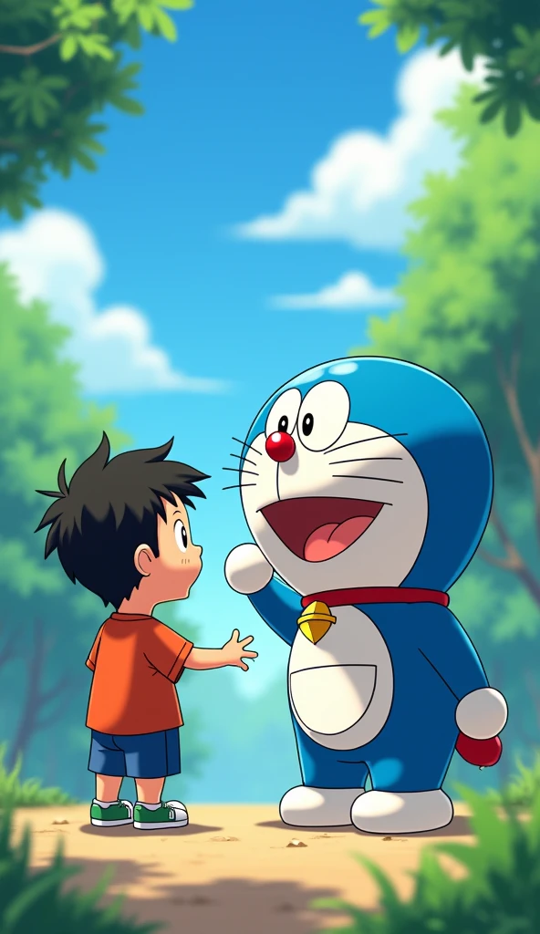 Doraemon stood before the boy, waving his hand in greeting. 