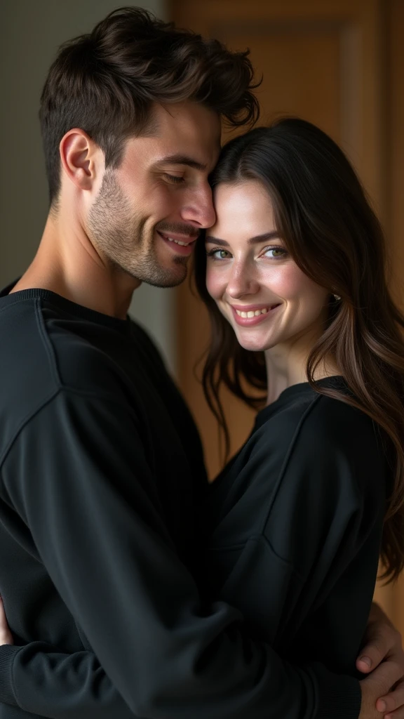 work of art, photorrealistic:1.4, extremely complex:1.3, radiosity, photon mapping, dtx, 8k), ((((Embraced and happy, closeup, black sweatshirt, humid, [medium breasts:breasts big:0.8])), humid, [skin-detail:freckles:0.7], naturals, Supermodel, couple casal, 26 year old man and woman), beatiful house, ((beatiful house)))
