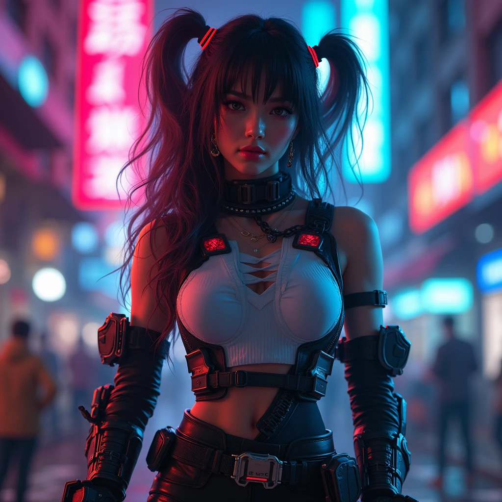 Hot Cyber girl with high tech sexy Cyperpunk suit with backgroud neo light with city