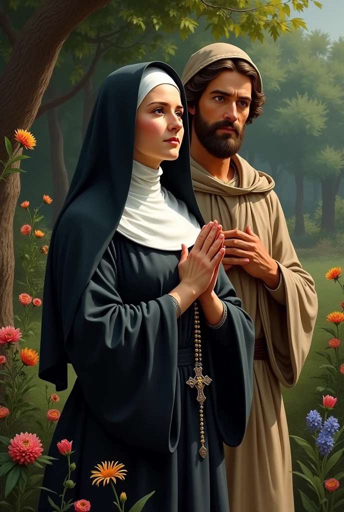 Saint Teresa of Avila in her dark habit praying the rosary standing before a garden beside Saint Joseph the Worker