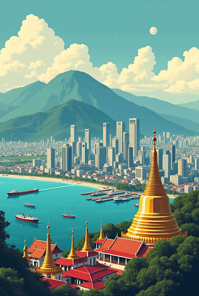 A tourism poster for Yomaland with a panoramic a scenic view featuring a developed, bustling port city beside an aquamarine sea, with towering mountains in the background. The city showcases a mix of modern skyscrapers and traditional Burmese pagodas as prominent landmarks. The architecture blends elements of Burmese culture with European artistic styles, creating a harmonious and unique skyline. The port is lively with ships and activity, reflecting the city's vibrant economy, while the serene mountains and clear blue waters add natural beauty to the scene. Use deep red, white, and yellow colors. The title 'Discover Yomaland – Where Tradition Meets Modernity' at the top, and 'Book Your Journey Today at VisitYomaland.com' at the bottom.