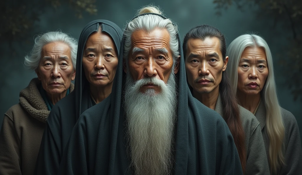 "A powerful thumbnail that highlights the seven sages of different ethnicities, including three elderly women, a black sage and another Asian. They are all arranged in a harmonious semicircle, with serene expressions that reflect their ancestral wisdom. En el centro de la imagen, a sage with a mysterious and charming appearance, with a long white beard, immediately grabbing attention. Their clear eyes shine with a mystical serenity, as if they were guarding ancient secrets. The background is captivating, with deep tones and enigmatic textures, evoking an environment where ancestral knowledge is valued. The title should be impactful, using an elegant and clear typography, positioned so as not to obscure the faces of the sages, but still highlighting the importance of the content.