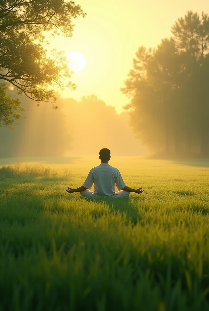 A peaceful scene in a natural environment, like a green field at dawn, with a person meditating or walking calmly. The atmosphere is one of mental clarity, Purity and balance, symbolizing a mind free from distractions and vices. The soft light of the rising sun illuminates the scenery, representing a new beginning and the liberation from old habits, Bringing peace and focus to life.