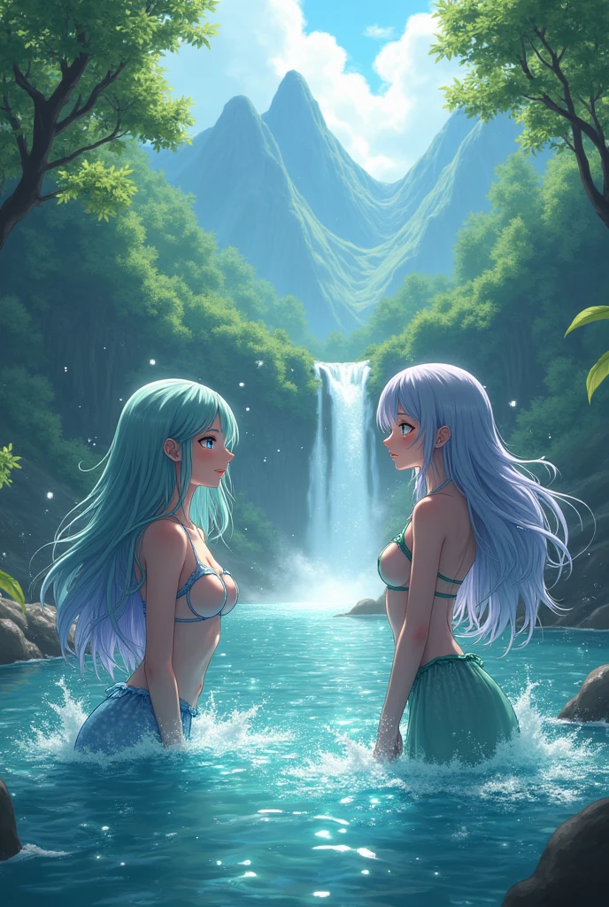 Beautiful anime women, handsome anime man, waterfall, river, trees, leaves, sparkle dust, marmaid peeping, wet hairs, mountains