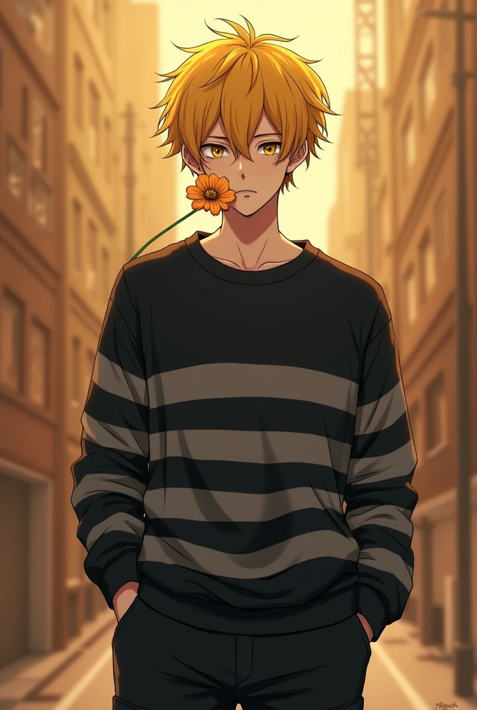 Male anime character with yellow hair, black and gray striped sweatshirt, black cargo pants, flower in his mouth, brown background