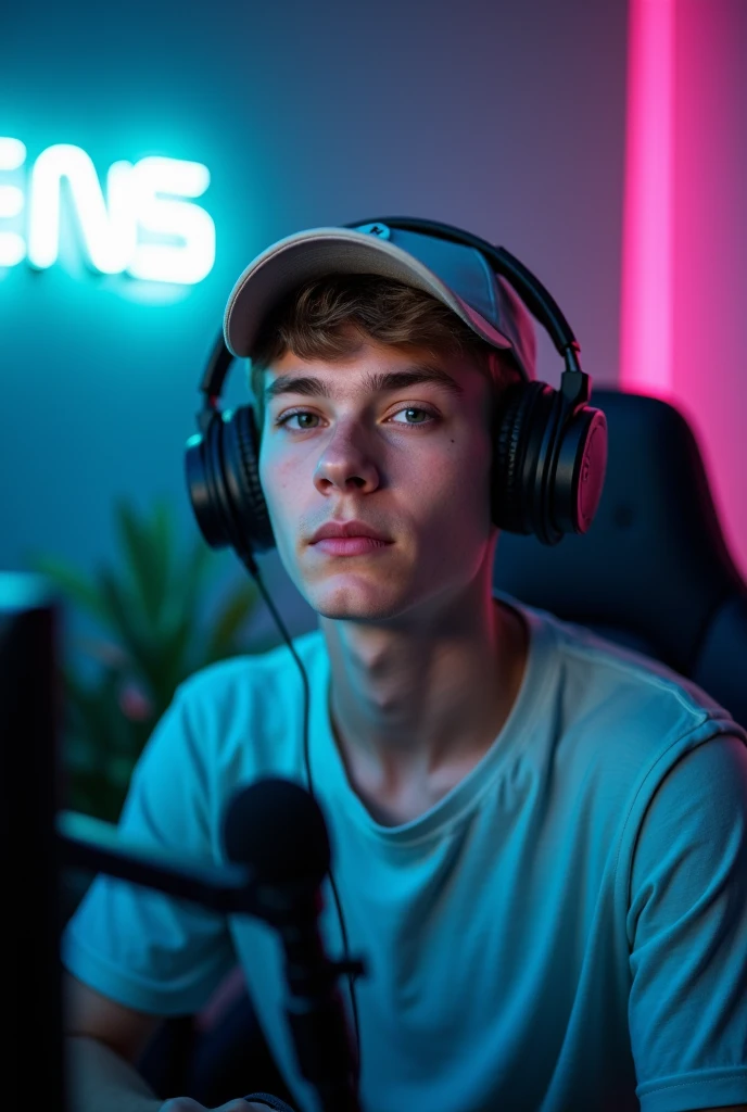 A young man with short hair and a light baseball cap is speaking into a microphone. He is seated in a gaming chair with a neutral background featuring a dimly lit room. Have a A neon sign . And he sitting on the center of the image. Normal expression. He appears engaged and relaxed.The character look stright front viewof the camara.