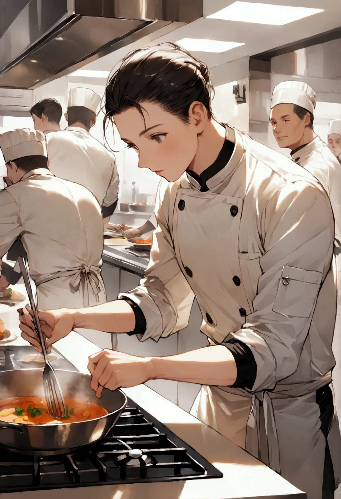 A busy, modern kitchen with several chefs working in the background. In the foreground, a talented young chef is skillfully preparing a dish. The kitchen is well-lit, with shiny stainless steel appliances and pots simmering on the stove. The chef is focused, wearing a white chef’s jacket, and carefully placing the final touches on a beautifully plated dish.