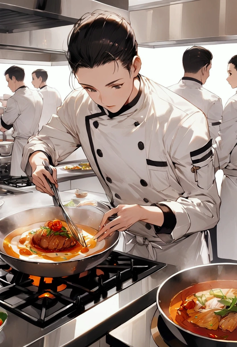 A busy, modern kitchen with several chefs working in the background. In the foreground, a talented young chef is skillfully preparing a dish. The kitchen is well-lit, with shiny stainless steel appliances and pots simmering on the stove. The chef is focused, wearing a white chef’s jacket, and carefully placing the final touches on a beautifully plated dish.