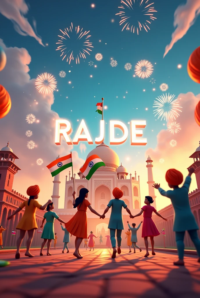 Cinematic 3d cartoon style 3d write Rajde Agency"indian independence day celebration write Rajde Agency on it" write Rajde Agency on image