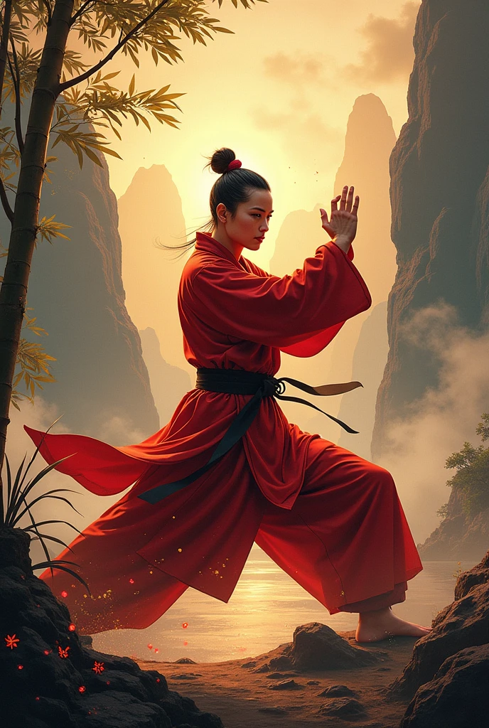 Create a cover for a RPG book based on Kung Fu and Chinese folklore. Use Kung Fu movies starring Jet Li as reference, Jackie Chan and Donnie Yen, There are no Chinese characters in the image
