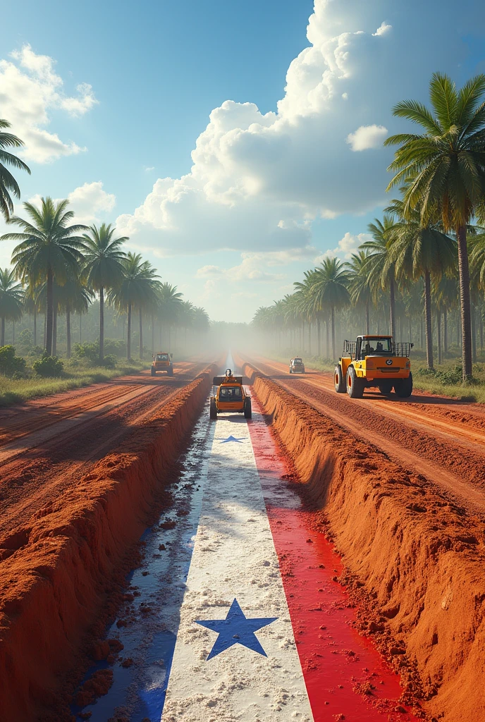 A road under construction with the flat Chaco landscape and coconut trees covered by workers and machines, Paraguayan flag with red stripes., white and blue