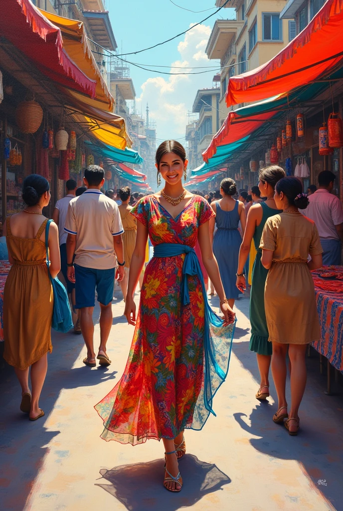 A breathtaking acrylic painting of a vibrant street market in a bustling city, with a stunning woman in a colorful, traditional dress navigating through the crowd. Her confident stride and elegant posture draw the eye, and her warm smile and friendly demeanor make her approachable and engaging.