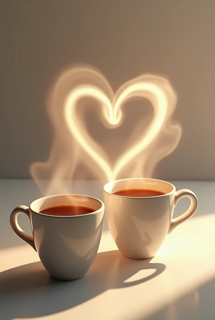 two cups of coffee, one of them further forward and the other slightly behind and diagonal to the first, and the smoke coming out of the cups forms a heart in the shape of a real human heart