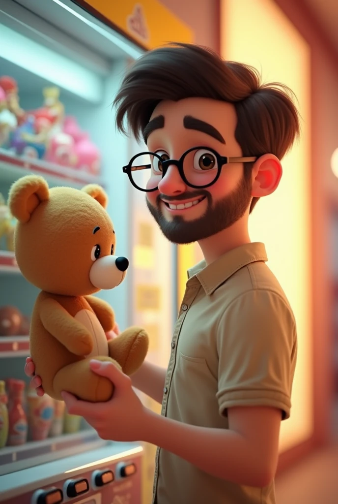 Pixar-style: young white man with beard, Round face, short, trimmed dark brown hair, Wearing Black Round Glasses, neutral light colored blouse and is picking up a teddy bear from the shopping mall machine