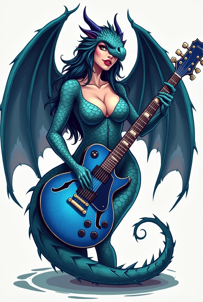 flat vector logo of a sexy voluptuous dragon lady. She has wings. She has blue scales over parts of her body. She is holding a blue sparkly fender stratocaster. semi realistic style