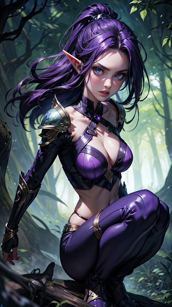 (Masterpiece, highly detailed, highly quality, highly resolutions), body facing viewer, conjoined_dicephalus, two heads, BREAK nightelf, angry, clenched teeth, glowing eyes, blue eyes, Purple Hair, colored skin, mature female, purple midriff, navel, purple spike shoulder pad, platinum trim, green leaves, jewelry, looking at viewer, forest, night, bare shoulders, spring season,detailed eyes, detaield hands, detailed face, elf woman, full body
