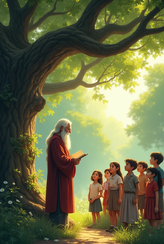 Professor teaching children under a tree 
