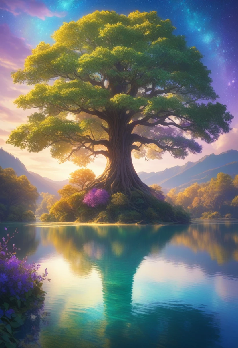 a large majestic tree in the middle of a serene lake, the branches and leaves reflecting beautifully in the calm water, surrounded by a vibrant and magical color palette of blues, greens, purples and golds, highly detailed, best quality, intricate, dramatic lighting, fantasy landscape, cinematic composition