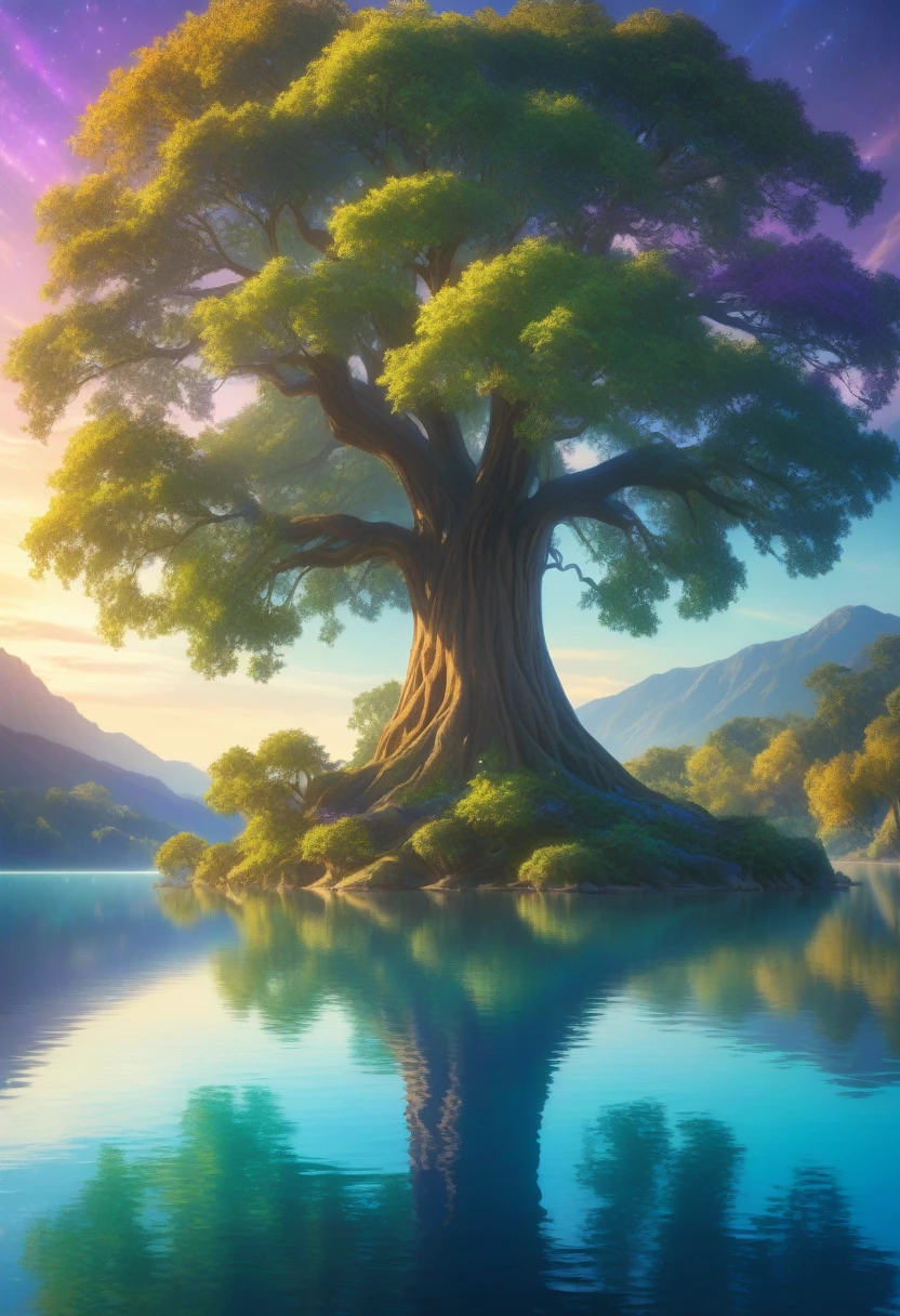 a large majestic tree in the middle of a serene lake, the branches and leaves reflecting beautifully in the calm water, surrounded by a vibrant and magical color palette of blues, greens, purples and golds, highly detailed, best quality, intricate, dramatic lighting, fantasy landscape, cinematic composition