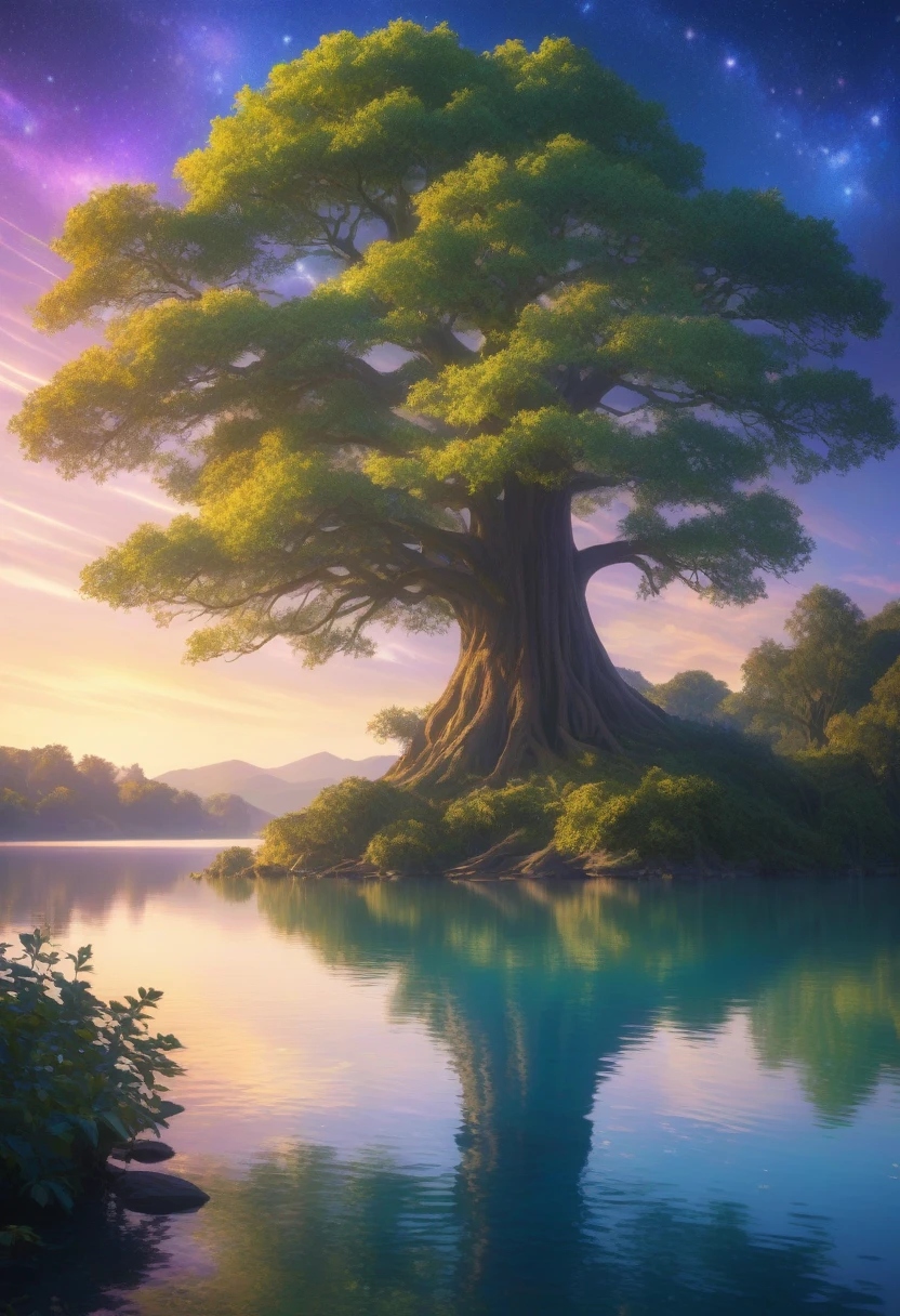 a large majestic tree in the middle of a serene lake, the branches and leaves reflecting beautifully in the calm water, surrounded by a vibrant and magical color palette of blues, greens, purples and golds, highly detailed, best quality, intricate, dramatic lighting, fantasy landscape, cinematic composition