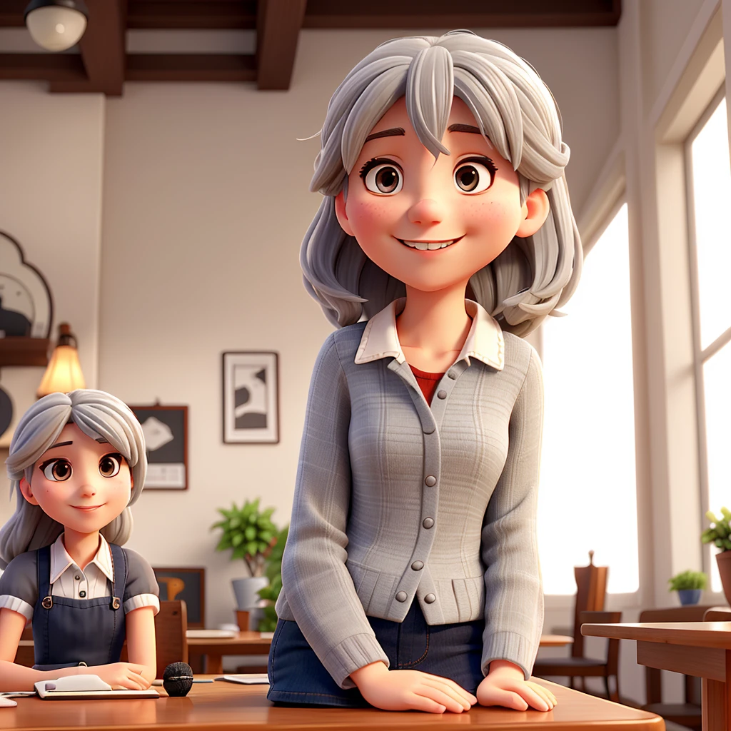 a charming, young-looking woman with gray hair, ssmile, sitting at the table, with microphone