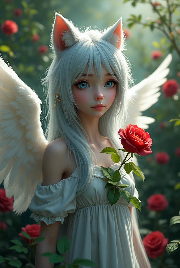 A female human with wolf ears and a wolf tail, with gray-white hair, blue eyes, with white wings and a rose in her hair, and rose bushes in the background