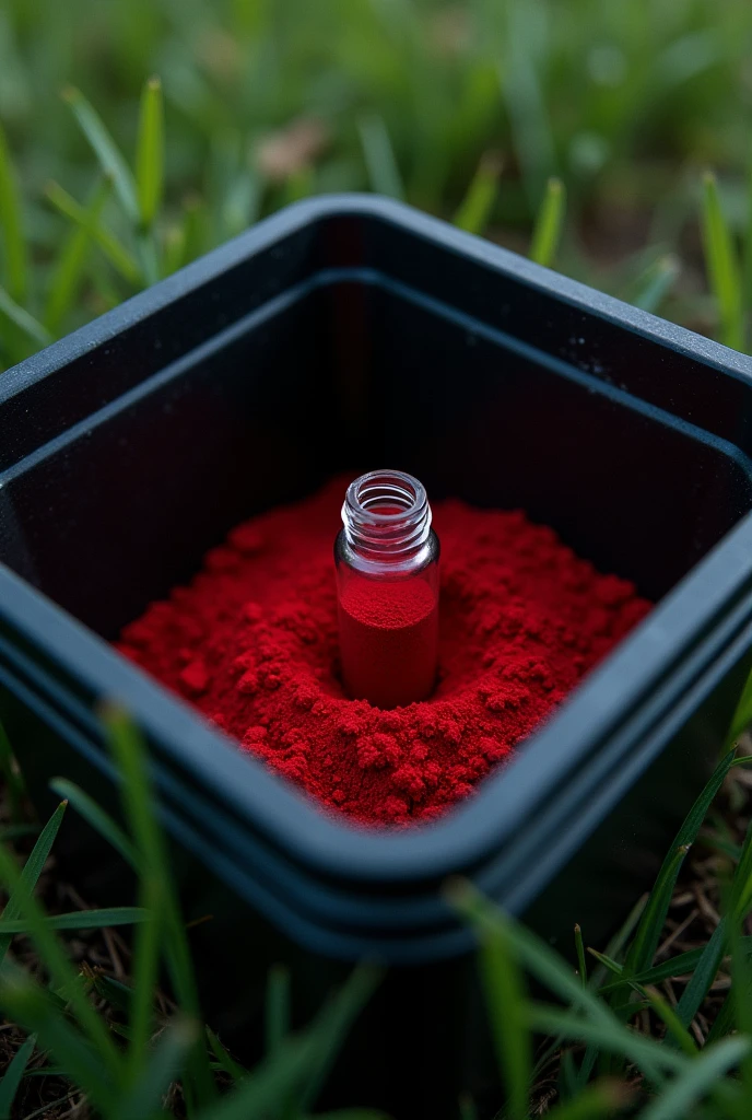vial, red dust in vial, vial in large black plastic box without lid, outside, on the grass, top view, low light