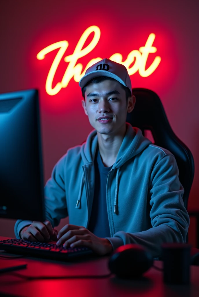 A young man with short hair and a light baseball cap is speaking into a microphone. He is seated in a gaming chair with a neutral background featuring a dimly lit room. Have a A neon sign . And he sitting on the center of the image. Normal expression. He appears engaged and relaxed.The character look stright front viewof the camara.