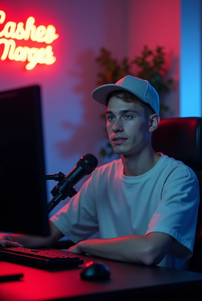 A young man with short hair and a light baseball cap is speaking into a microphone. He is seated in a gaming chair with a neutral background featuring a dimly lit room. Have a A neon sign . And he sitting on the center of the image. Normal expression. He appears engaged and relaxed.The character look stright front viewof the camara.