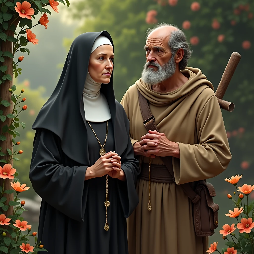 Saint Teresa of Avila in her dark habit praying the rosary standing before a garden beside Saint Joseph the Worker