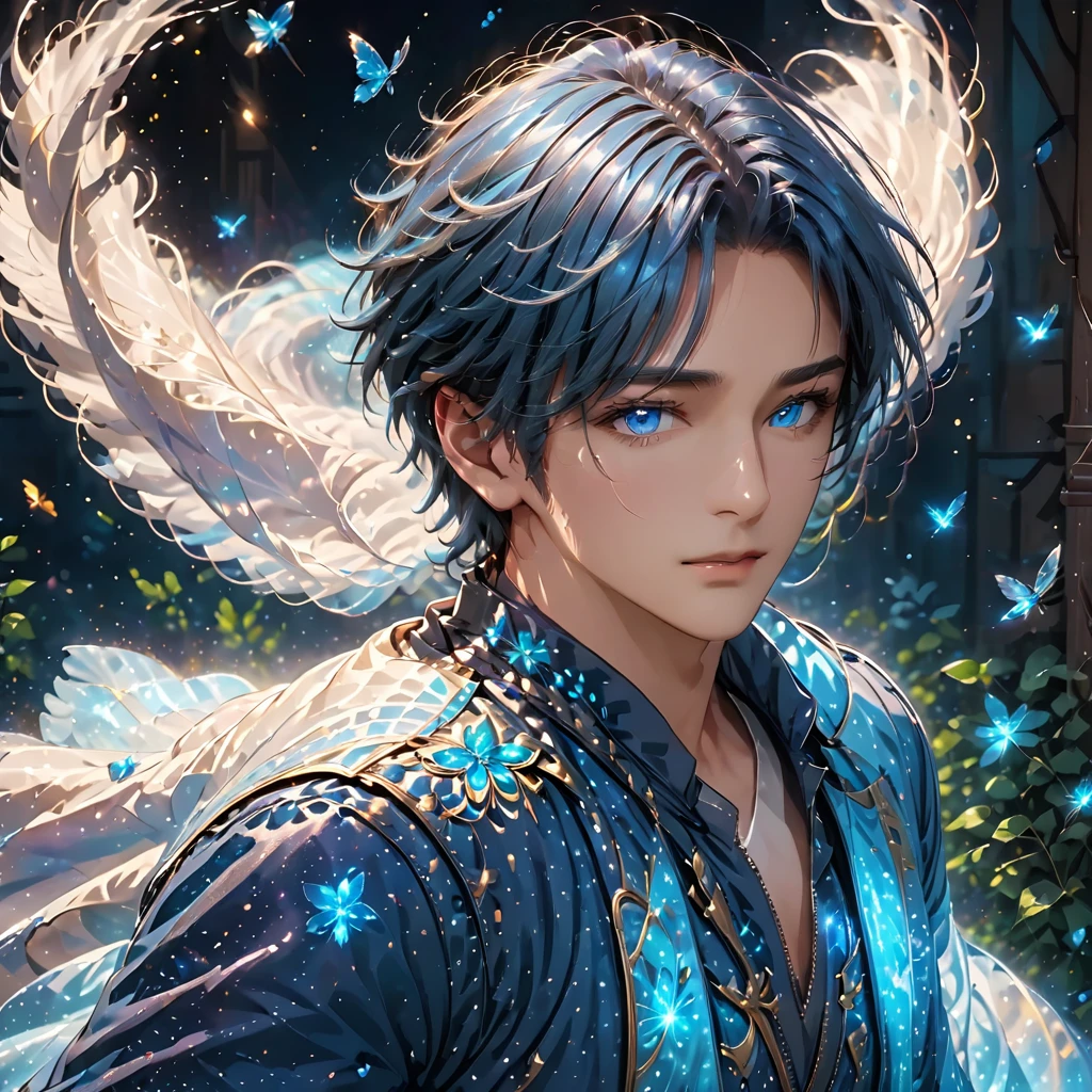 One realistic male with blue eyes and a refined body with blue magical aura, flying in air in a magical world at night glitters all over and flies