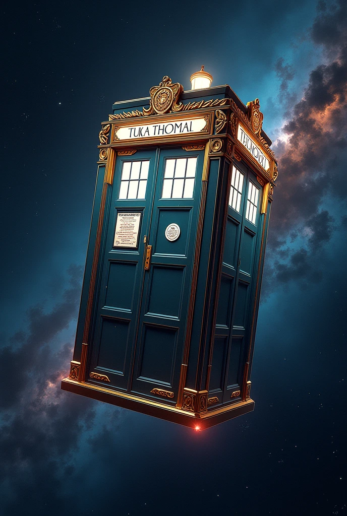 Image generated of a phone booth traveling through space, Promotional Art BBC, Fantastical telephone booth, fancy, 3840x2160, 3840 x 2160, magie, futurist, Written on top of the booth TEDOMA. cyberpunk, Time travel, Time Machine. glasses