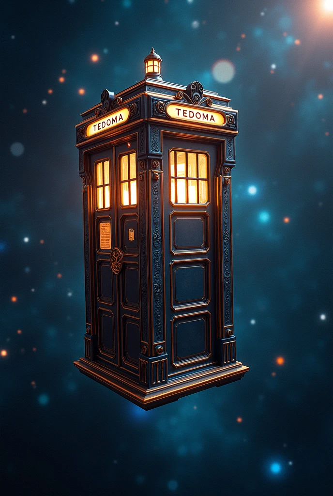 Image generated of a phone booth traveling through space, Promotional Art BBC, Fantastical telephone booth, fancy, 3840x2160, 3840 x 2160, magie, futurist, Written on top of the booth TEDOMA. cyberpunk, Time travel, Time Machine. glasses