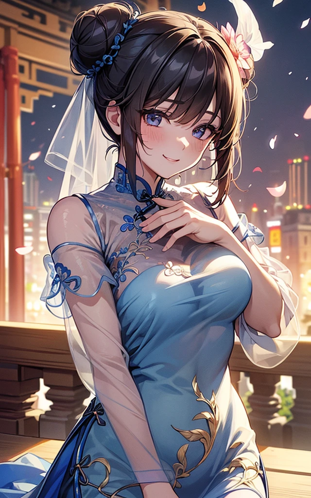 top-quality, high resolution, super precision, masterpiece, 8K, (((extra detailed face))), Fateful meeting, (Composition seen from an oblique front), (((Daytime cityscape))), (Downtown Japan), (Petals are fluttering), (Crowds), kawaii, ((Bun hair)), (Floral hair ornament), ((Bright smile)), red blush, Sareme, (((big light in my eyes))), Eyes sparkle, Wet eyes, Colorful, Fine skin, (((beautiful blue sheer see-through cheongsam))), (delicate flower embroidery), off shoulders, Beautie, Refers to 5, full body