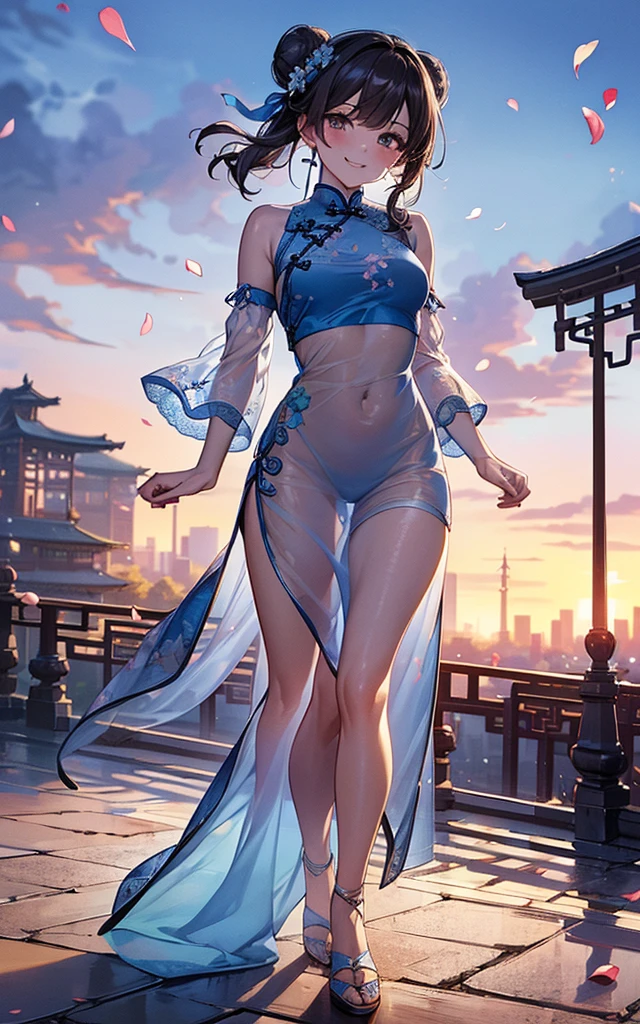 top-quality, high resolution, super precision, masterpiece, ８K, (((extra detailed face))), Fateful meeting, (Composition seen from an oblique front), (((Daytime cityscape))), (Downtown Japan), (Petals are fluttering), (Crowds), kawaii,  ((Bun hair)), (Floral hair ornament), ((Bright smile)), red blush, Sareme, (((big light in my eyes))), Eyes sparkle, Wet eyes, Colorful, Fine skin, (((beautiful blue sheer see-through cheongsam))), (delicate flower embroidery), off shoulders, Beautie, Refers to 5, full body 