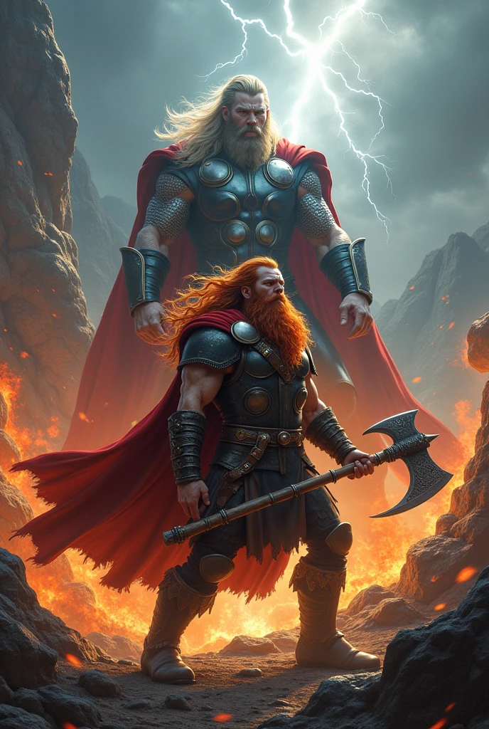 Red-haired and bearded dwarf warrior, with ancestral axe. Fighting against Thor God of Norse mythology. Flaming Mountain, Lightning in the sky