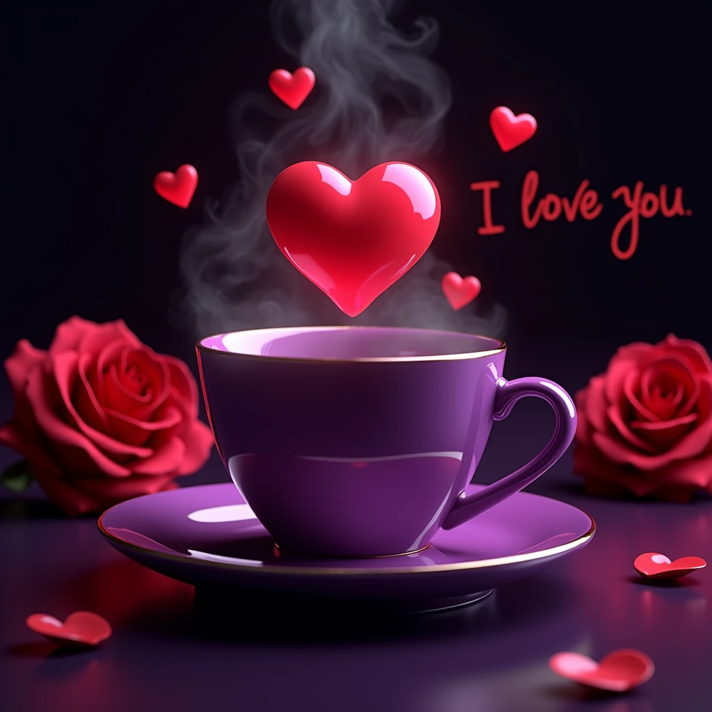 Create a hyper-realistic image of a glossy shiny vibrant purple cup and saucer with a heart design. cup should have steam rising from it that forms smoke, culminating in a floating, glossy shiny vibrant red heart surrounded by smaller hearts at the top. near vibrant red Rose s , written "I LOVE YOU" in cursive font, , background dark, ultra HD 64k hyperrealism studio lightning light reflection